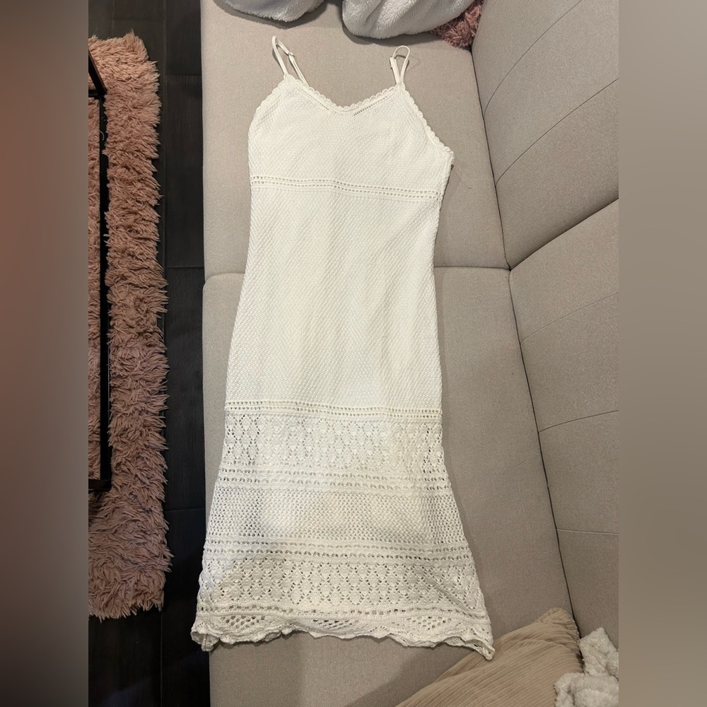 Womens Cream Crochet Midi Dress - Sleeveless Spaghetti Strap - Picture 3 of 4